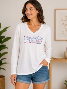 Life Is Good White V‑Neck Long Sleeve Tee with Pink & Blue Beach Graphic